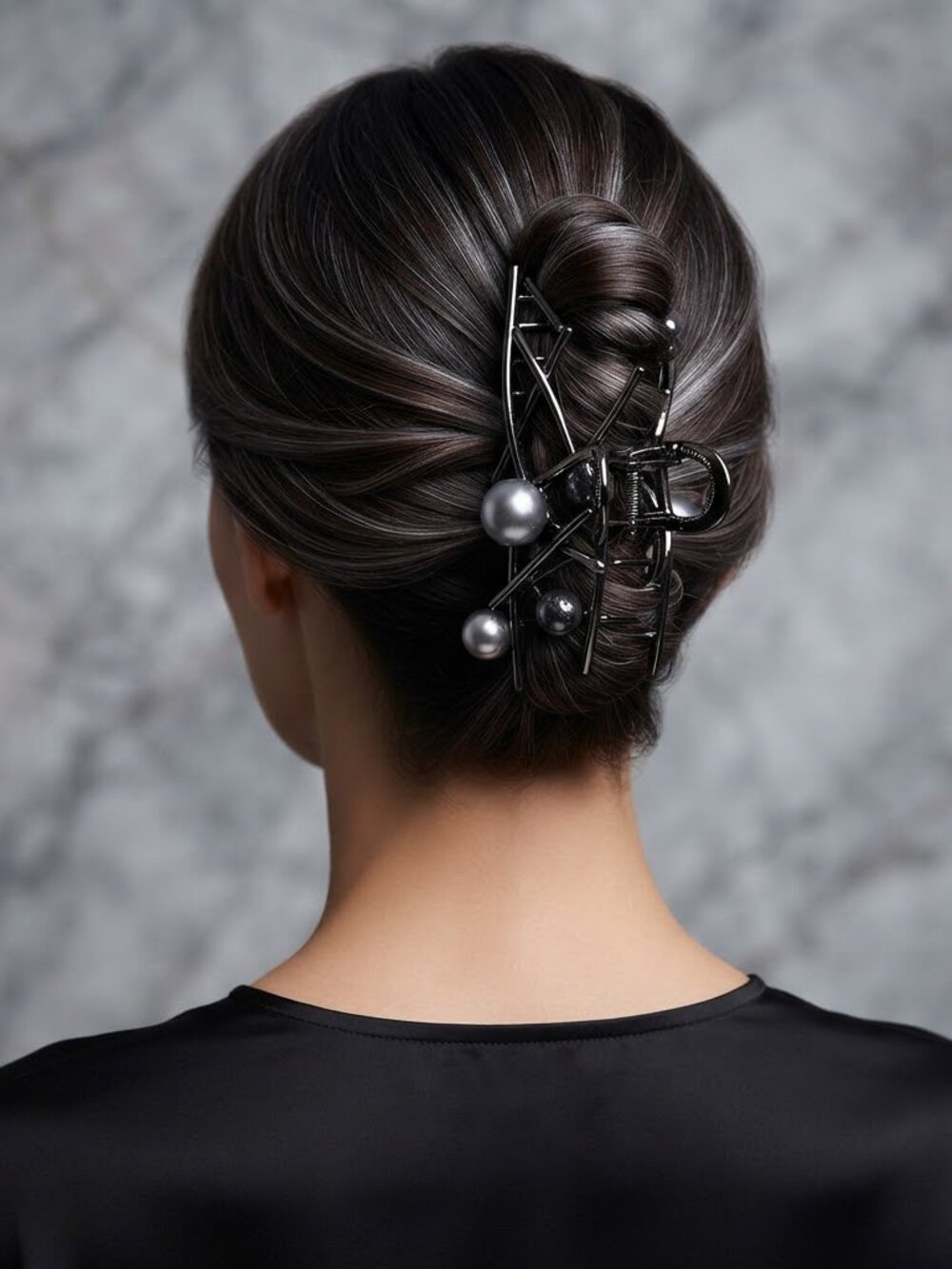 Gunmetal Geometric Metal Hair Claw Clip with Grey Faux Pearls Accessory